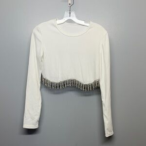 White Ribbed Long Sleeve Crop Top with Rhinestone Detail SIZE L